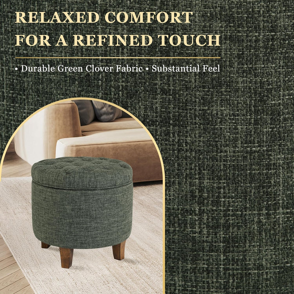 HomePop 19" Button Tufted Round Storage Ottoman - Green Clover Fabric