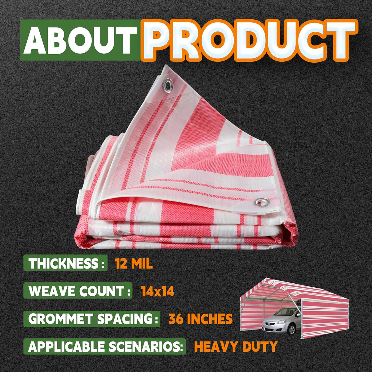RAINDEWAY Tarps 12x14 Feet,12 Mil Sunshade Striped Tarp Waterproof,Multipurpose Poly Tarp Cover with Grommets and Reinforced Edges,Red/White Tarps