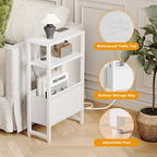 Narrow Side Table with Charging Station Slim End Table Sofa with Magazine Rack, Bedside Table for Small Spaces, 3 Tier Nightstand for Living Room Couch, Bedroom White LET503WE