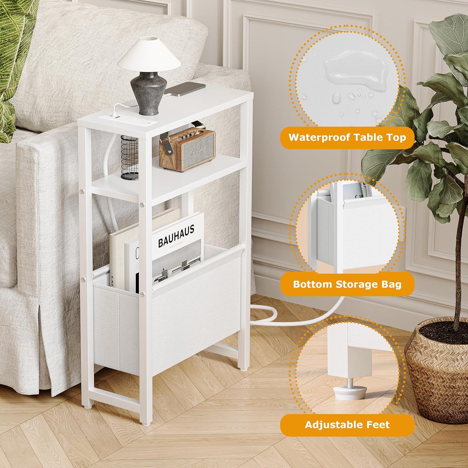 Narrow Side Table with Charging Station Slim End Table Sofa with Magazine Rack, Bedside Table for Small Spaces, 3 Tier Nightstand for Living Room Couch, Bedroom White LET503WE
