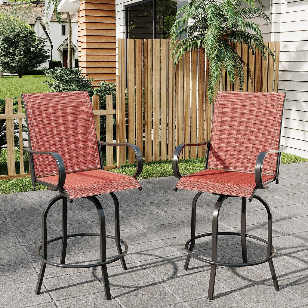 2 Piece Outdoor Swivel Bar Stools, All-Weather Bar Height Patio Chairs with High Back & Armrest, 360° Swivel Tall Barstools for Patio, Deck, Backyard, Garden-Red