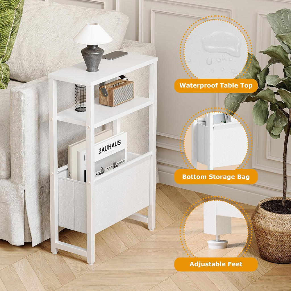 Narrow Side Table, Slim End Table with Magazine Rack, Skinny Bedside Table for Small Spaces, 3 Tier Sofa Couch Table Nightstand for Living Room, Bedroom, White LET503W
