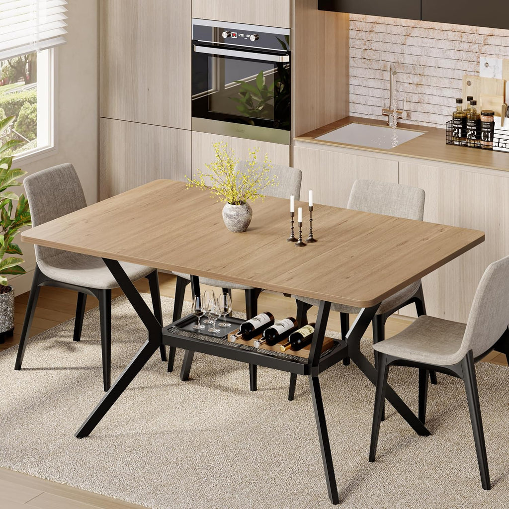 MECHYIN 55" Dining Table for 4-6, Industrial Kitchen Table with Spacious Storage Shelf, Sturdy Metal Frame Rectangle Dining Table for Dining Room, Small Apartments, Home Office