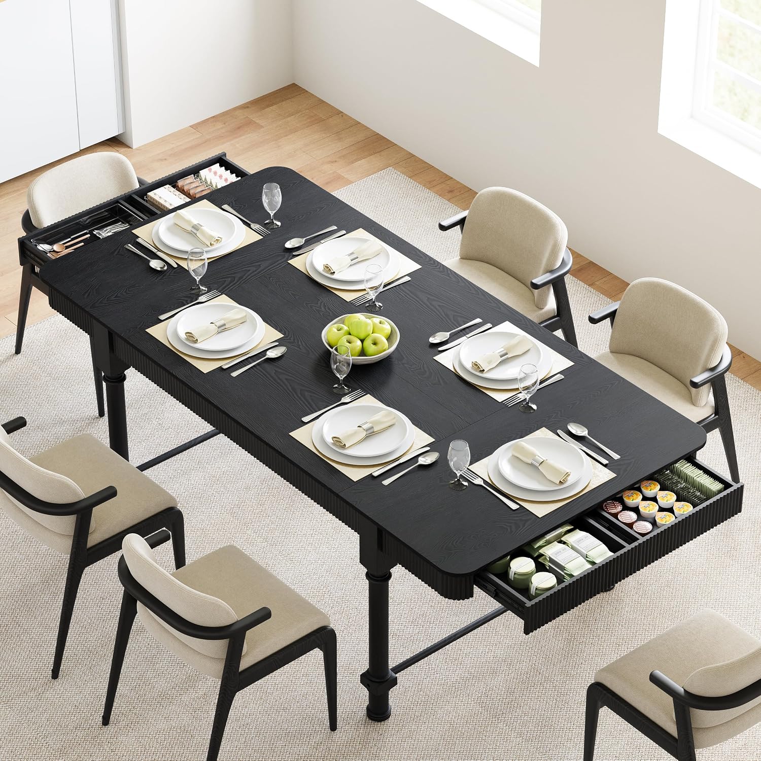 78 Inch Fluted Kitchen Dining Table for 6 8 10, Large Rectangular Kitchen Table with Drawers, Mid Century Modern Long Dinner Table Dining Room Tables with Solid Wood Legs for Home Living Room, Black
