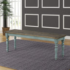 Roundhill Furniture Prato 6-Piece Dining Set, Dining Table with 4 Cross Back Chairs and Bench, Antique Blue and Distressed Walnut Finish