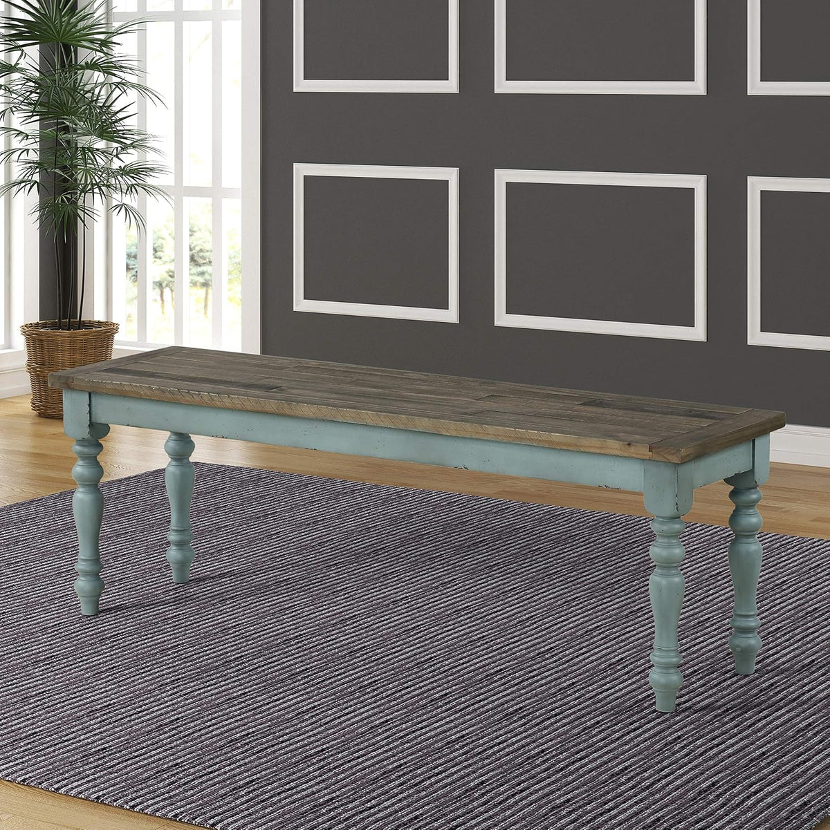 Roundhill Furniture Prato 6-Piece Dining Set, Dining Table with 4 Cross Back Chairs and Bench, Antique Blue and Distressed Walnut Finish