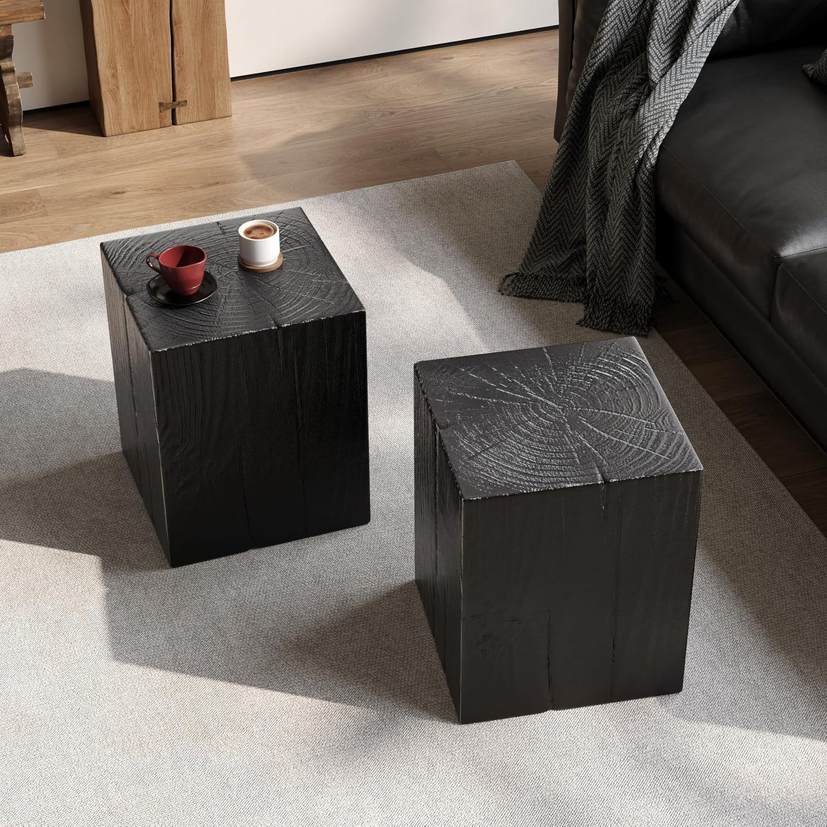 H18'' Square Side Table End Table for Living Room, Modern Farmhouse Countryside Style, MGO Material for Indoor & Outdoor, Natural Wood Grain, No Assembly, Black