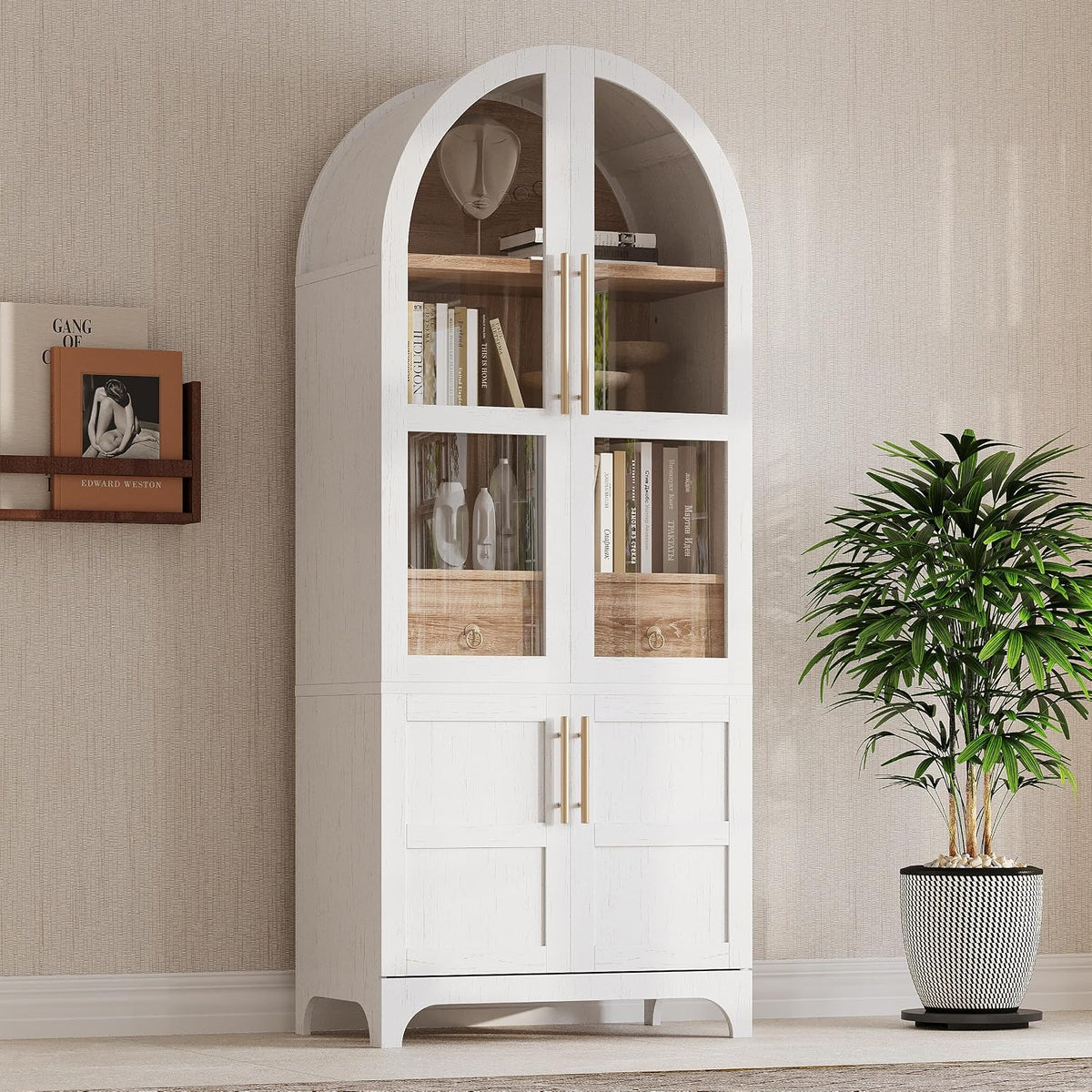 71" Tall Arched Kitchen Pantry Cabinet with Door Shelves, Farmhouse Kitchen Storage Cabinet with Adjustable Shelves, Hidden Drawer & Glass Door, Cupboard for Kitchen, Dining Room, White