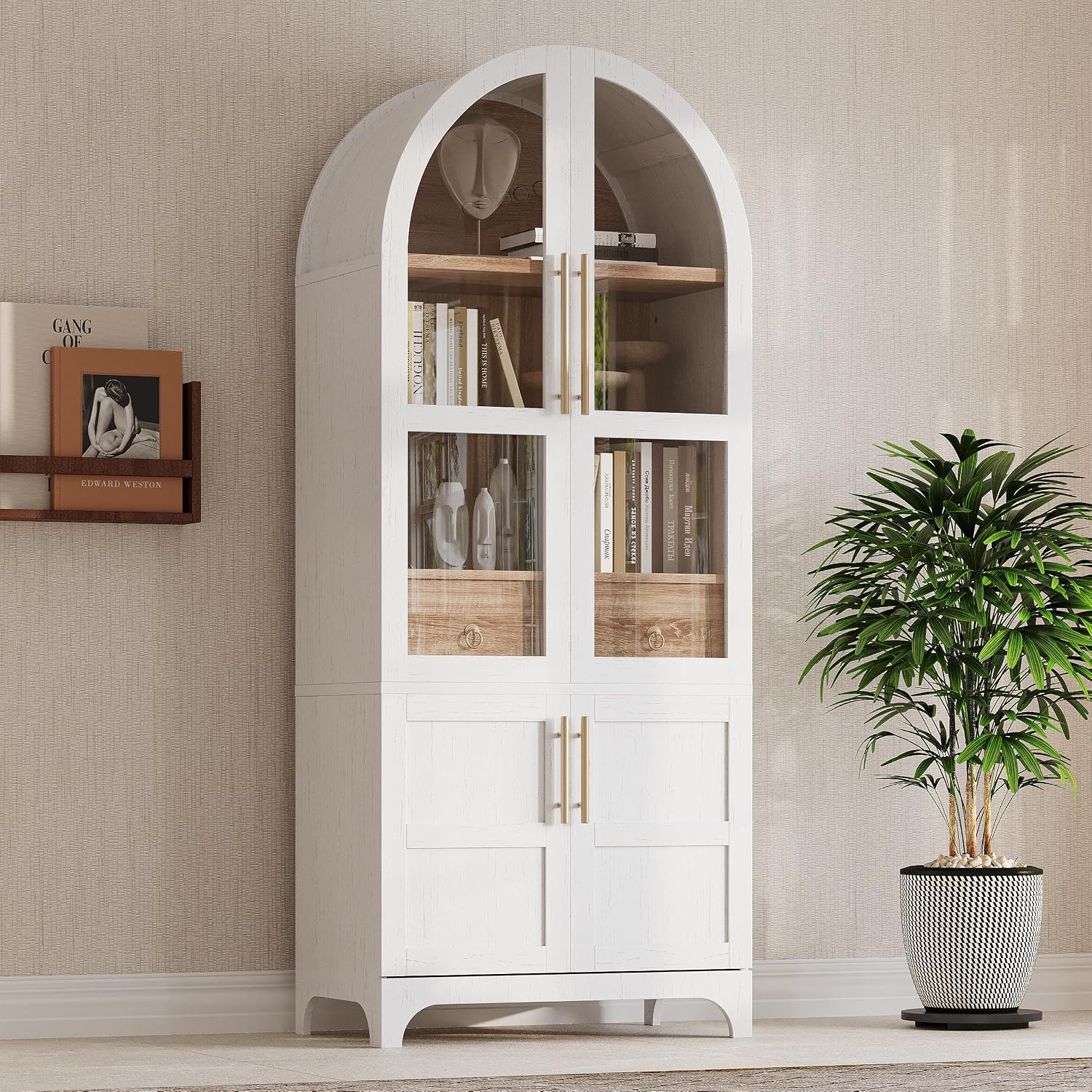 roomfitters 71" Pantry Cabinet with Arched Top & Glass Doors, 4-Door Storage Hutch with Adjustable Shelves for Kitchen, White