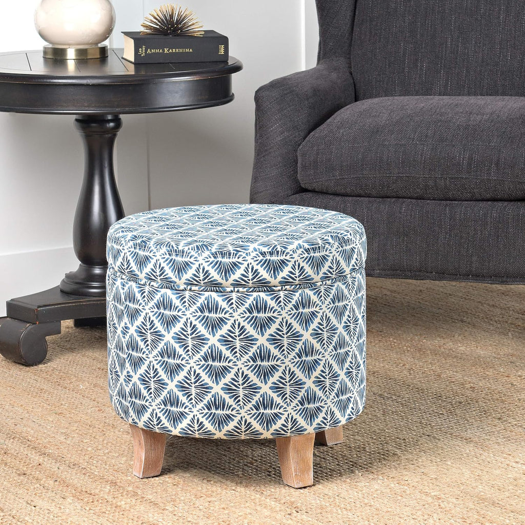 Homepop Home Decor | Upholstered Round Storage Ottoman | Ottoman with Storage for Living Room & Bedroom with Flared Legs, Navy Blue Geometric Pattern Large