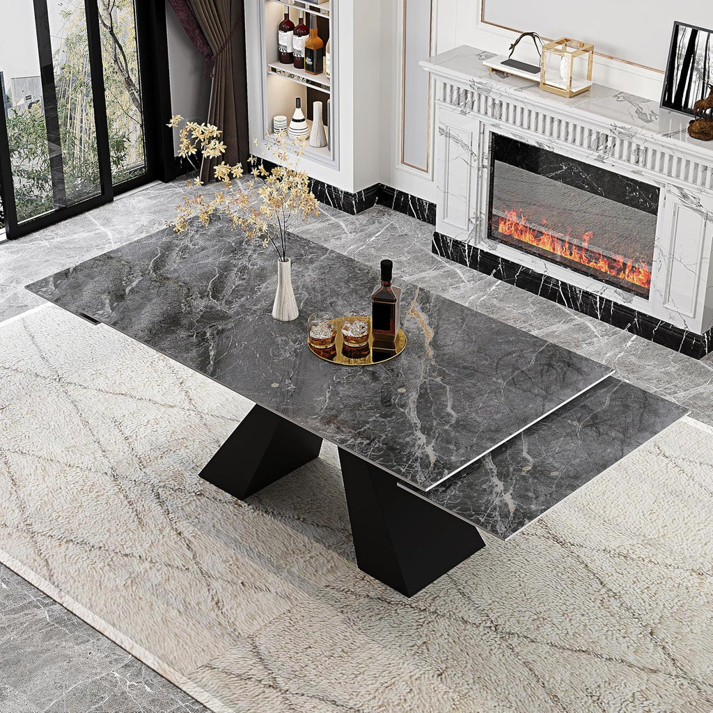 Telescoping Faux Marble Table 63-94.49" Adjustable Length 8-10 People Heavy Duty Carbon Steel Base for Kitchen Dining Room Family Party (62.99''-94.48'' Bonnes)