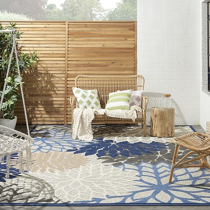 Nourison Home Aloha Indoor/Outdoor Blue/Multicolor 12' x 15' Area-Rug, Tropical, Botanical, Easy-Cleaning, Non Shedding, Bed Room, Living Room, Dining Room, Deck, Backyard, Patio (12x15)