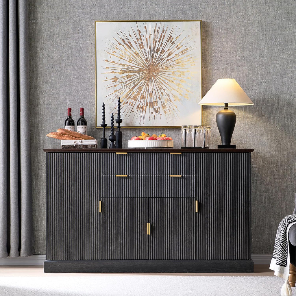 IFGET Fluted Buffet Cabinet with Storage, Sideboard Cabinet with Adjustable Shelves, Wood Rustic Coffee Bar with 2 Drawer and 4 Doors, Wine Bar for Kitchen, and Living Room, Dark Gery