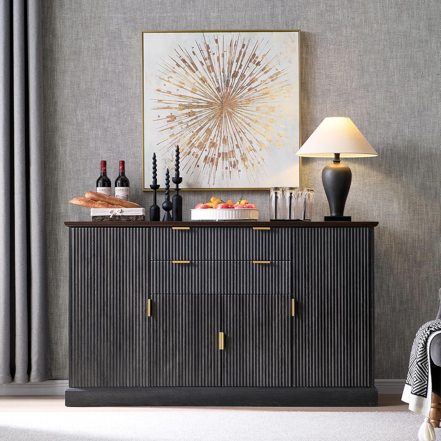 IFGET Fluted Buffet Cabinet with Storage, Sideboard Cabinet with Adjustable Shelves, Wood Rustic Coffee Bar with 2 Drawer and 4 Doors, Wine Bar for Kitchen, and Living Room, Dark Gery